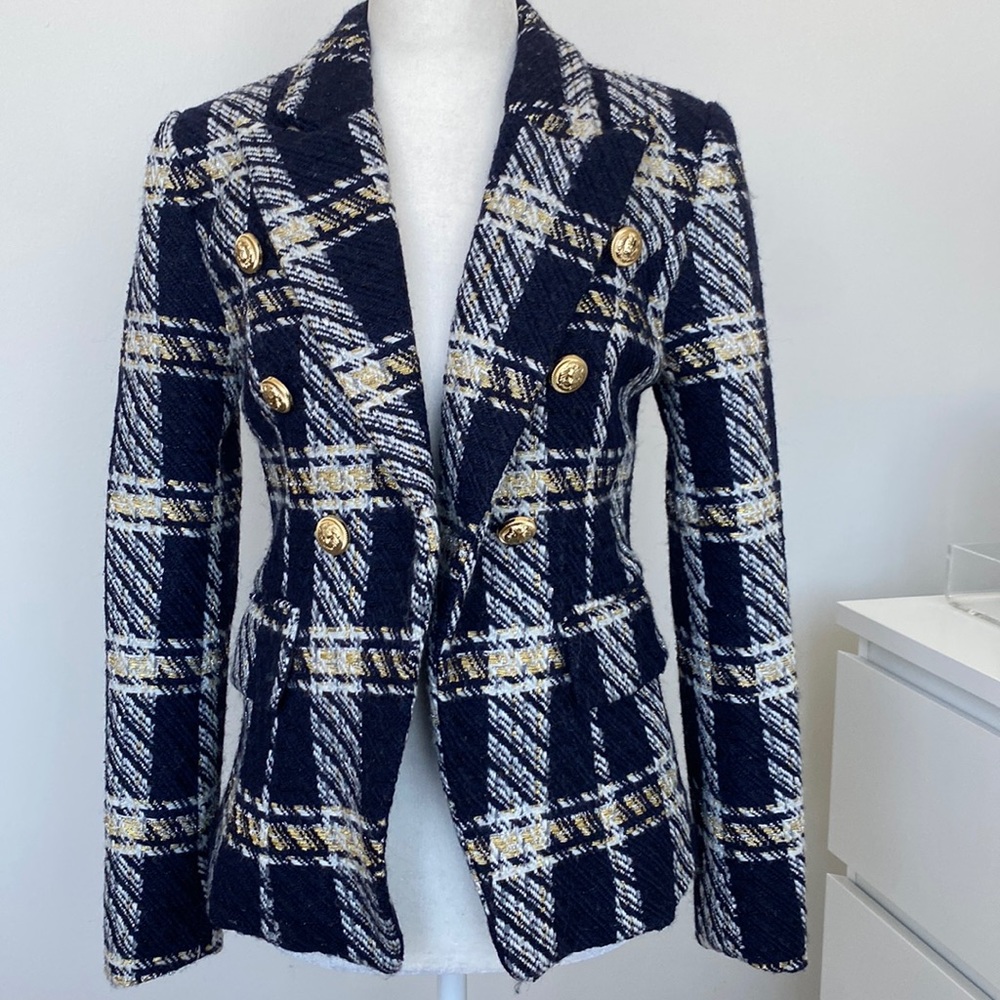Berkun Styles Navy/White/Gold Plaid Tweed Blazer Medium